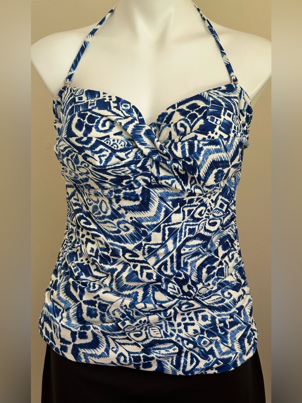 RALPH LAUREN Blue & White Ikat Print Halter Camisole Top Tank Tankin Swim Sz XS